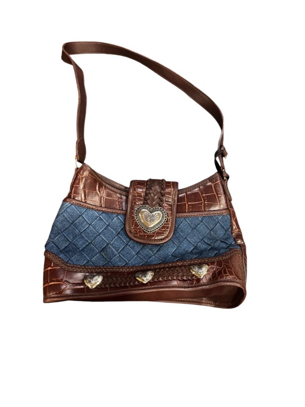 Vintage Brighton Denim & Croc Embossed Leather Shoulder Bag - Picture 2 of 6